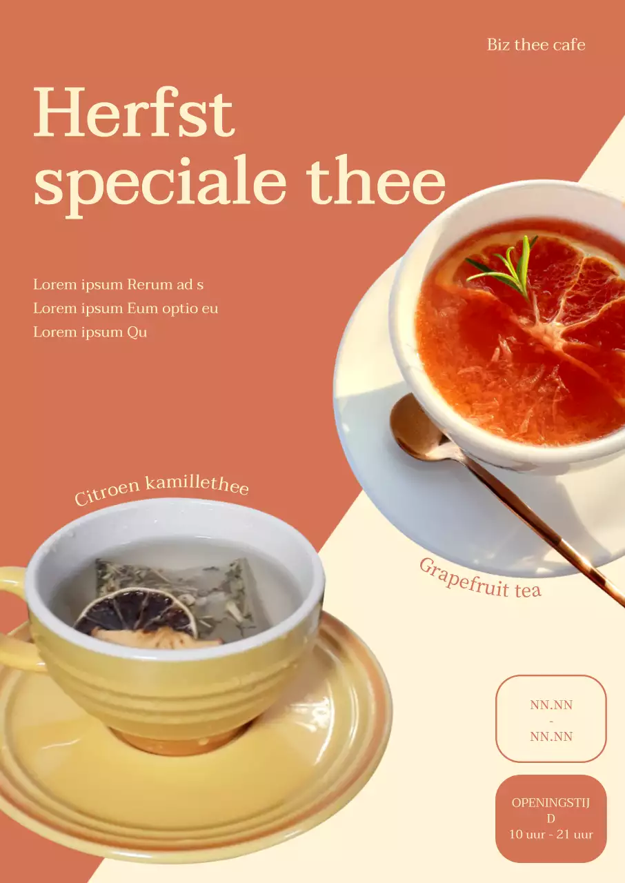 Herfstthee poster met foto's van twee menu's op een gesplitste achtergrond