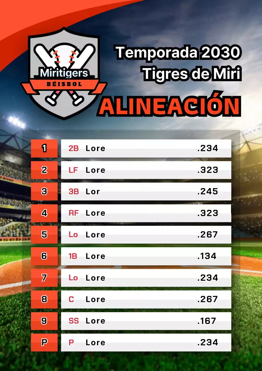 Alineación inicial de béisbol en naranja