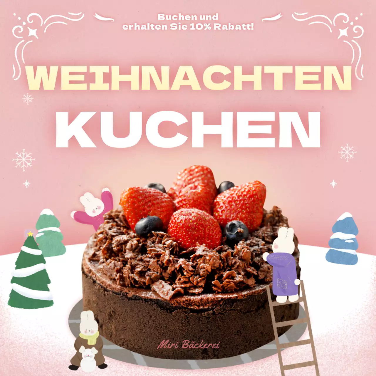 Buchen Sie einen Weihnachtskuchen mit einem niedlichen rosa Hasenmotiv