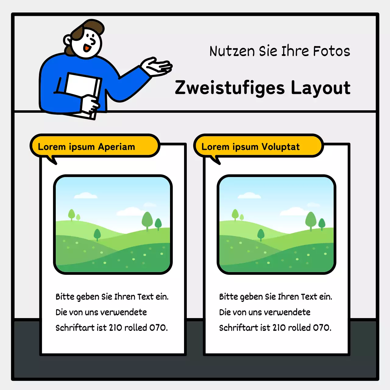 Einfache und niedliche Illustration mit blauen, roten und gelben Akzenten