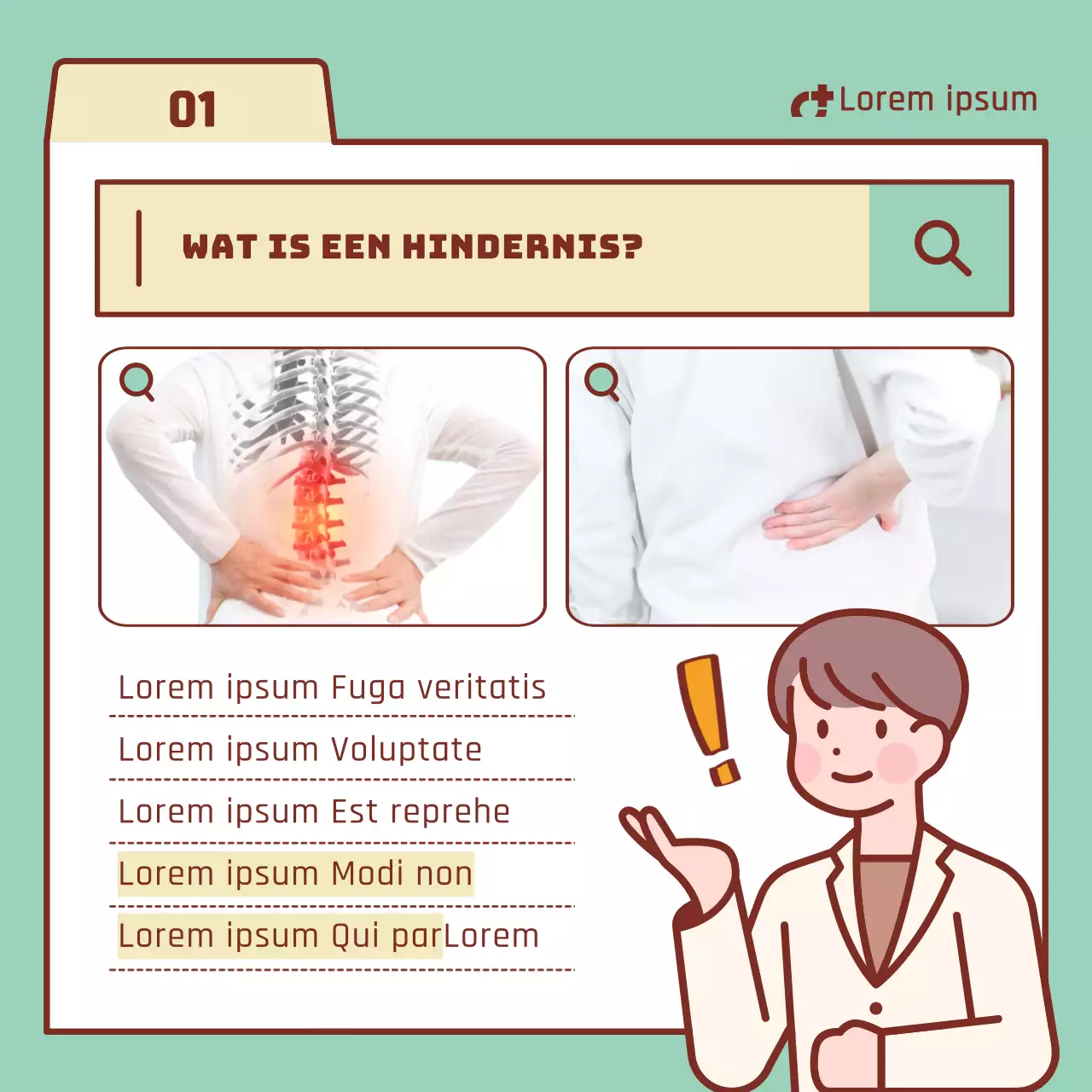 Lumbale discus informatie met mint en beige zoekbalk elementen