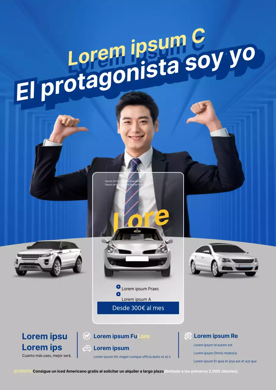 Elegante folleto promocional en azul y gris para una empresa de alquiler de coches de larga duración