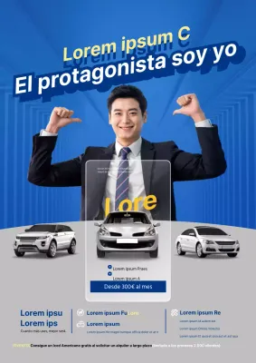 Elegante folleto promocional en azul y gris para una empresa de alquiler de coches de larga duración