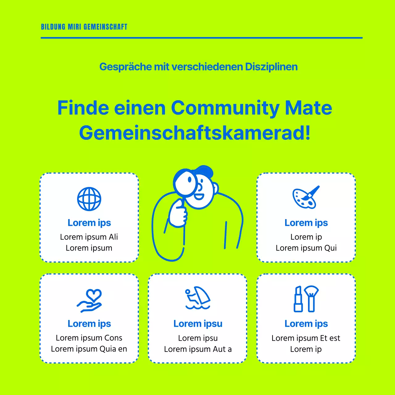 Förderung einer minimalistischen Gemeinschaft in fluoreszierenden Farben und Blautönen