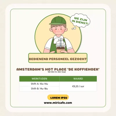 Cafe personeelsadvertentie met schattige illustraties in beige en groen V1
