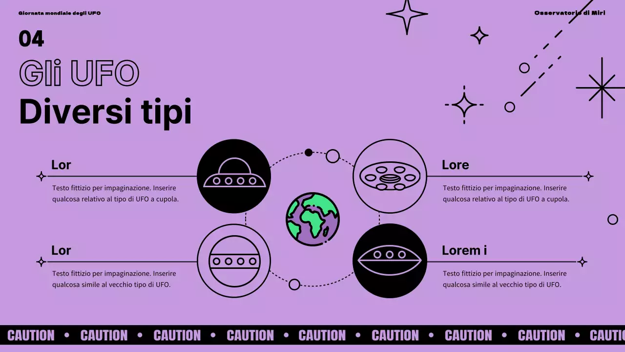 Presentazione della Giornata mondiale degli UFO con accenti viola e verdi su sfondo nero