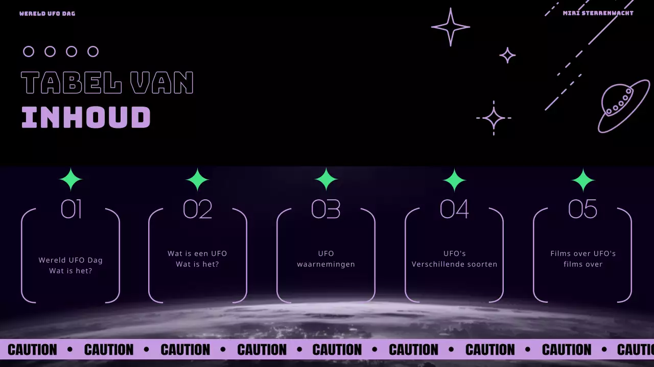 Wereld UFO Dag met paarse en groene accenten op een zwarte achtergrond