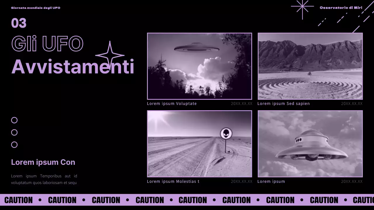 Presentazione della Giornata mondiale degli UFO con accenti viola e verdi su sfondo nero