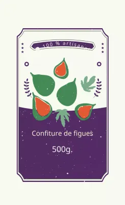 Etiquette de confiture de figues violette, verte, rouge et illustrée, faite à la main
