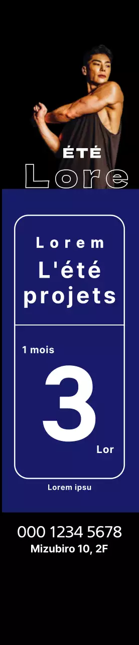 Bannière d'événement estival avec des carrés bleus et un homme athlétique sur fond noir