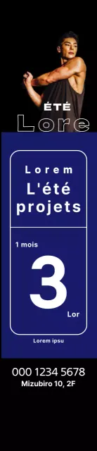 Bannière d'événement estival avec des carrés bleus et un homme athlétique sur fond noir