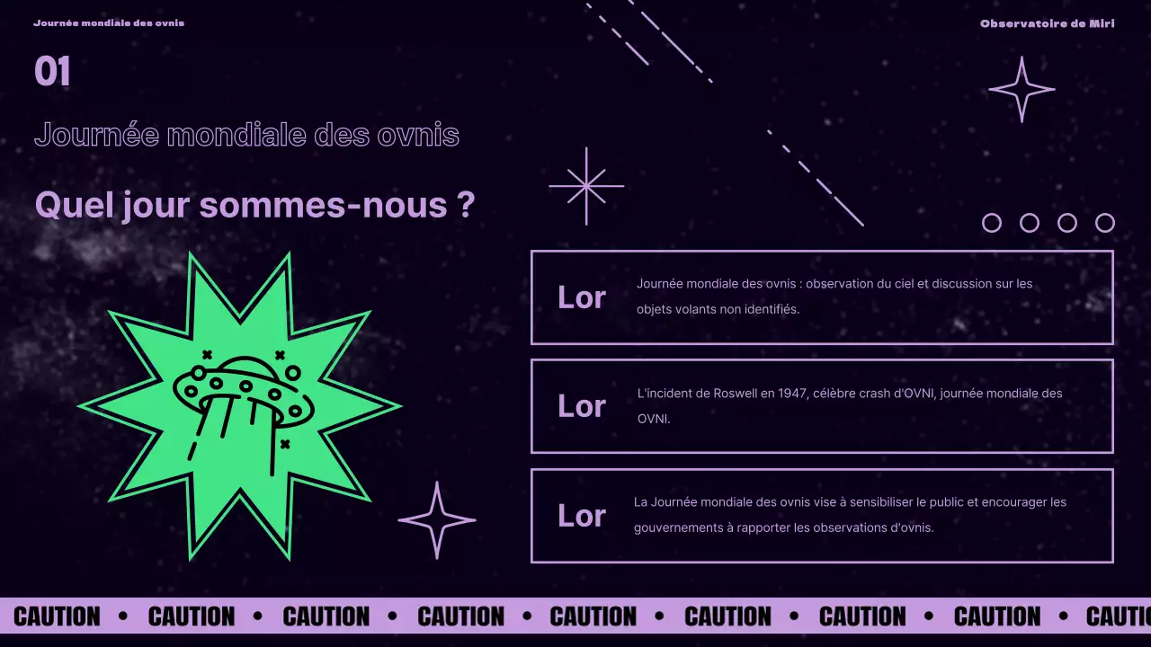 Présentation de la Journée mondiale des ovnis avec des accents violets et verts sur fond noir