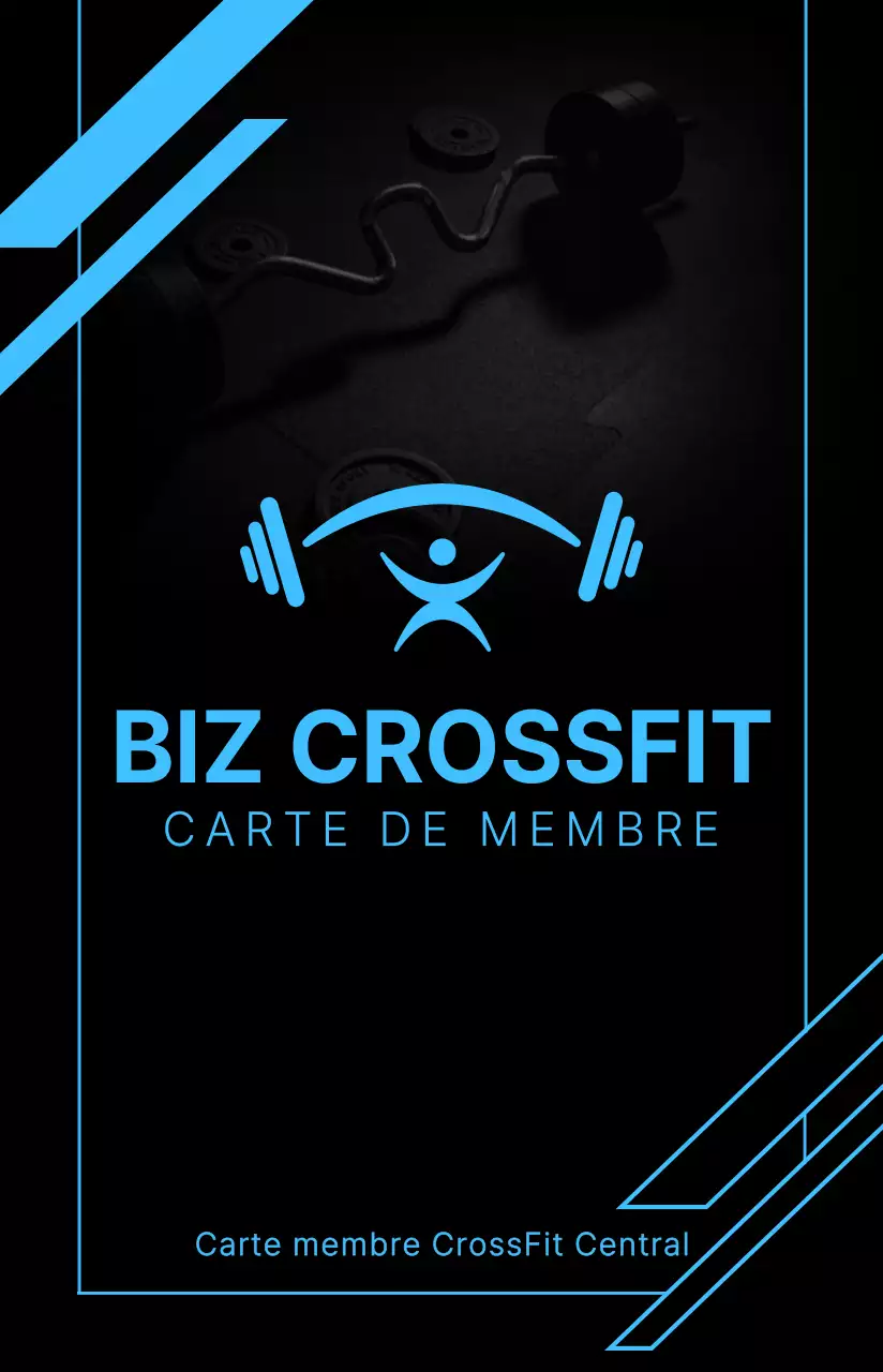 Carte de membre CrossFit en noir et bleu, avec une mise en page de texte simple et épurée