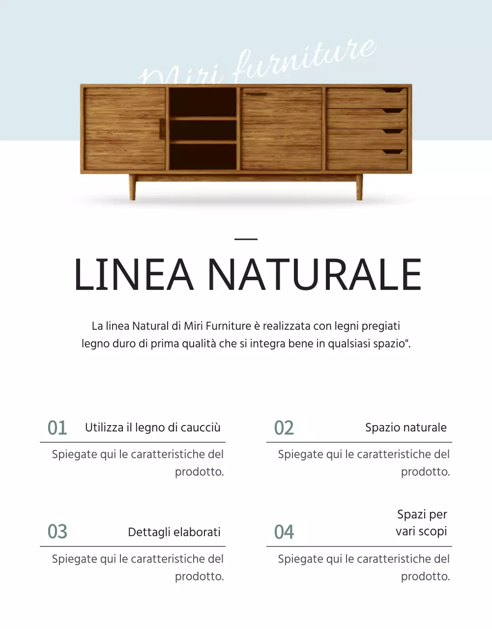 Concetto di rivista in bianco e azzurro per promuovere i mobili in legno massiccio