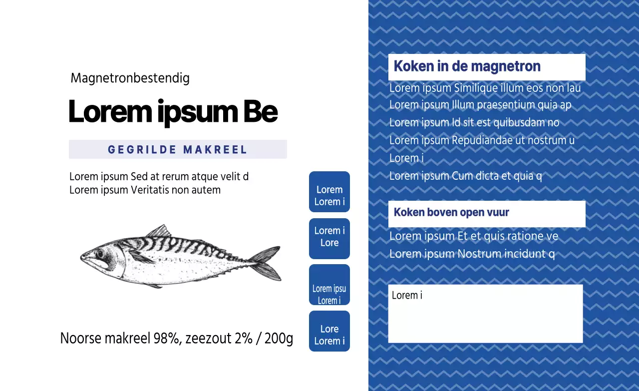 Blauw geïllustreerd visje makreel verpakkingsetiket