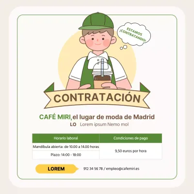 Anuncio de contratación de personal de cafetería con simpáticas ilustraciones en beige y verde V2