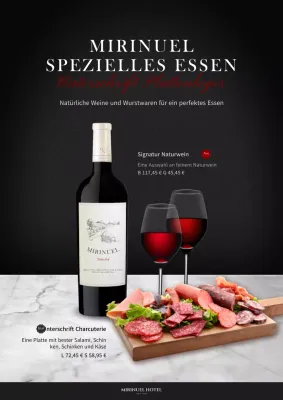 Werbung für ein luxuriöses Hotel-Weinmenü in Schwarz und Weiß