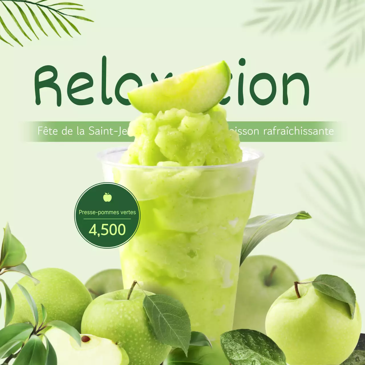 Promouvoir le granité aux pommes avec un concept frais et tropical autour d'une image vert citron.