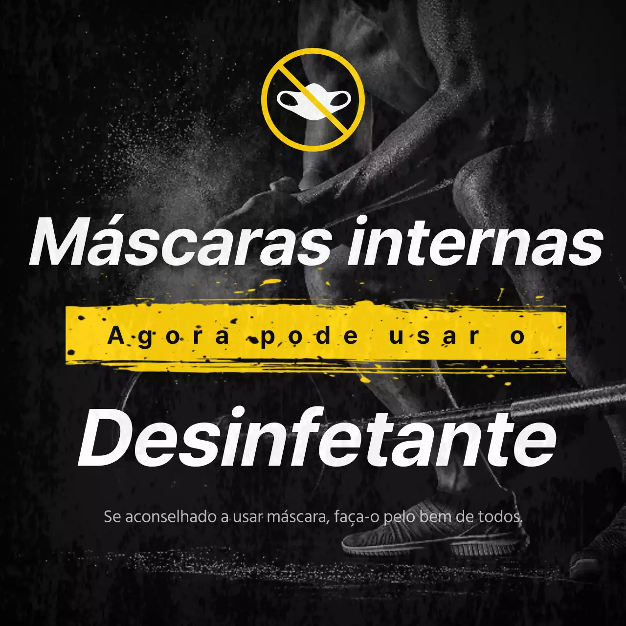 Tema dinâmico de anúncio de remoção de máscara de ginásio com toques amarelos sobre um fundo preto