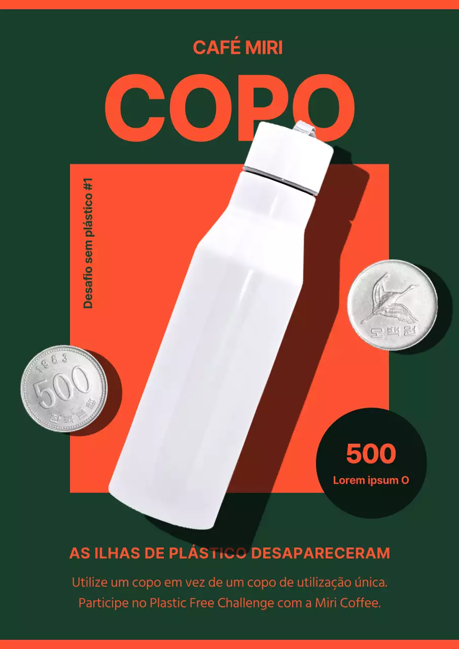 Desafio de utilizar um copo de café moderno verde e laranja
