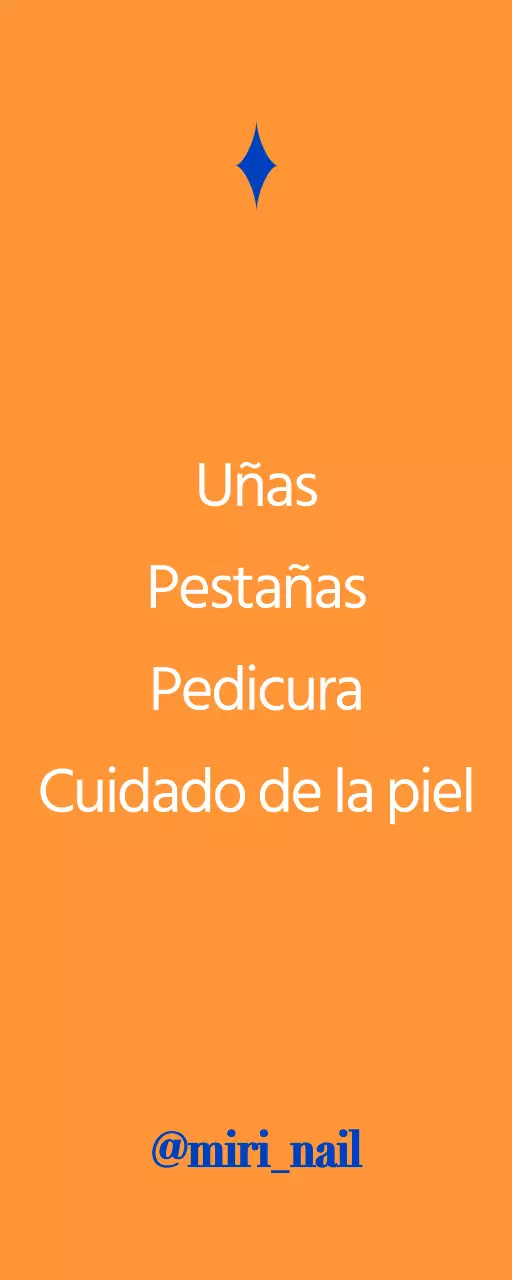 Pulcra promoción de tienda de decoración de uñas con texto en azul y naranja