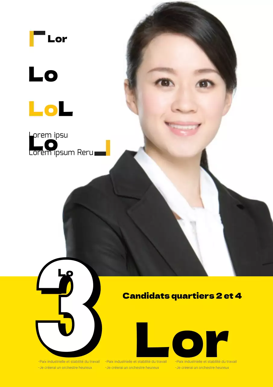 Affiche de campagne électorale avec une photo de femme en jaune et noir