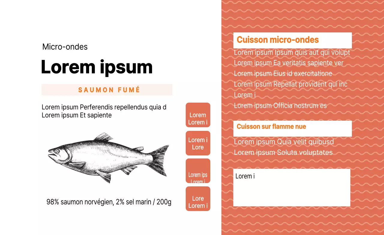 Étiquette d'emballage de poisson illustrée en orange pour le saumon fumé