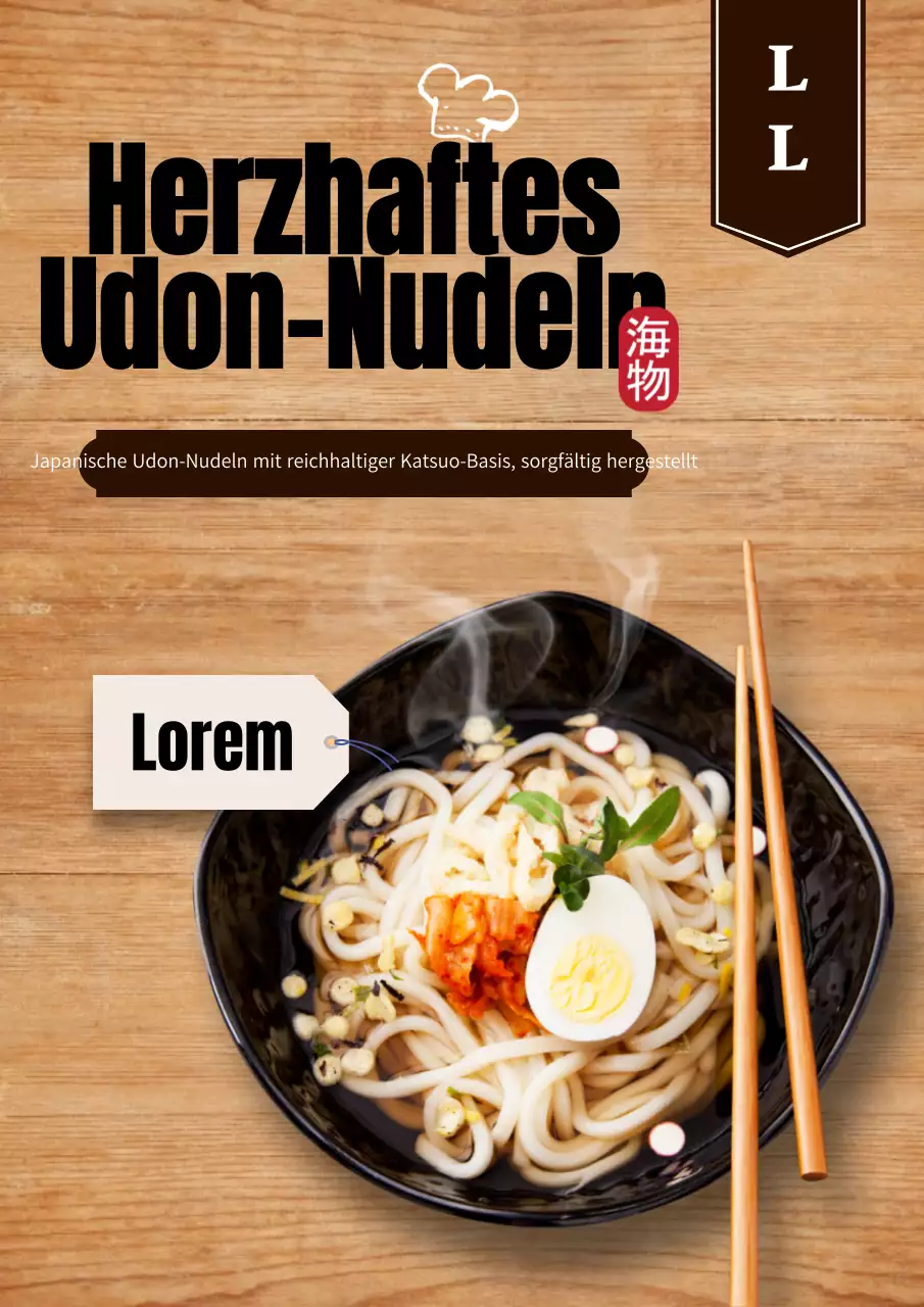 Speisekarte aus Holzbrettern Herzhafte Udon-Nudeln