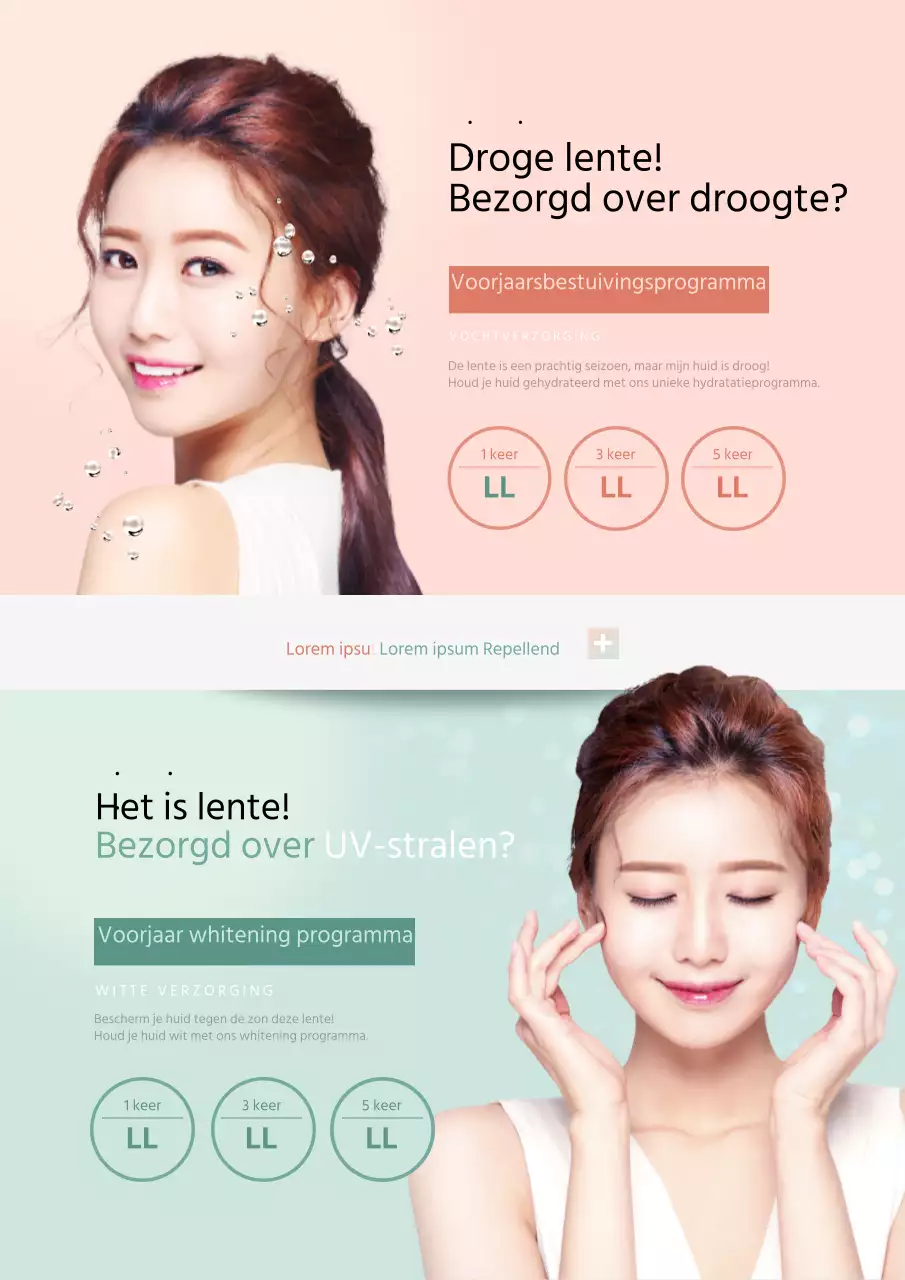 Promoot de lente huidverzorging bij een esthetisch salon met een foto van een vrouwelijk model in roze en mint.