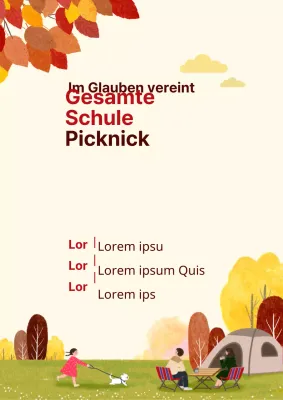 Werben Sie für ein kirchliches Picknick mit einer Illustration einer herbstlichen Campingszene in Gelb.