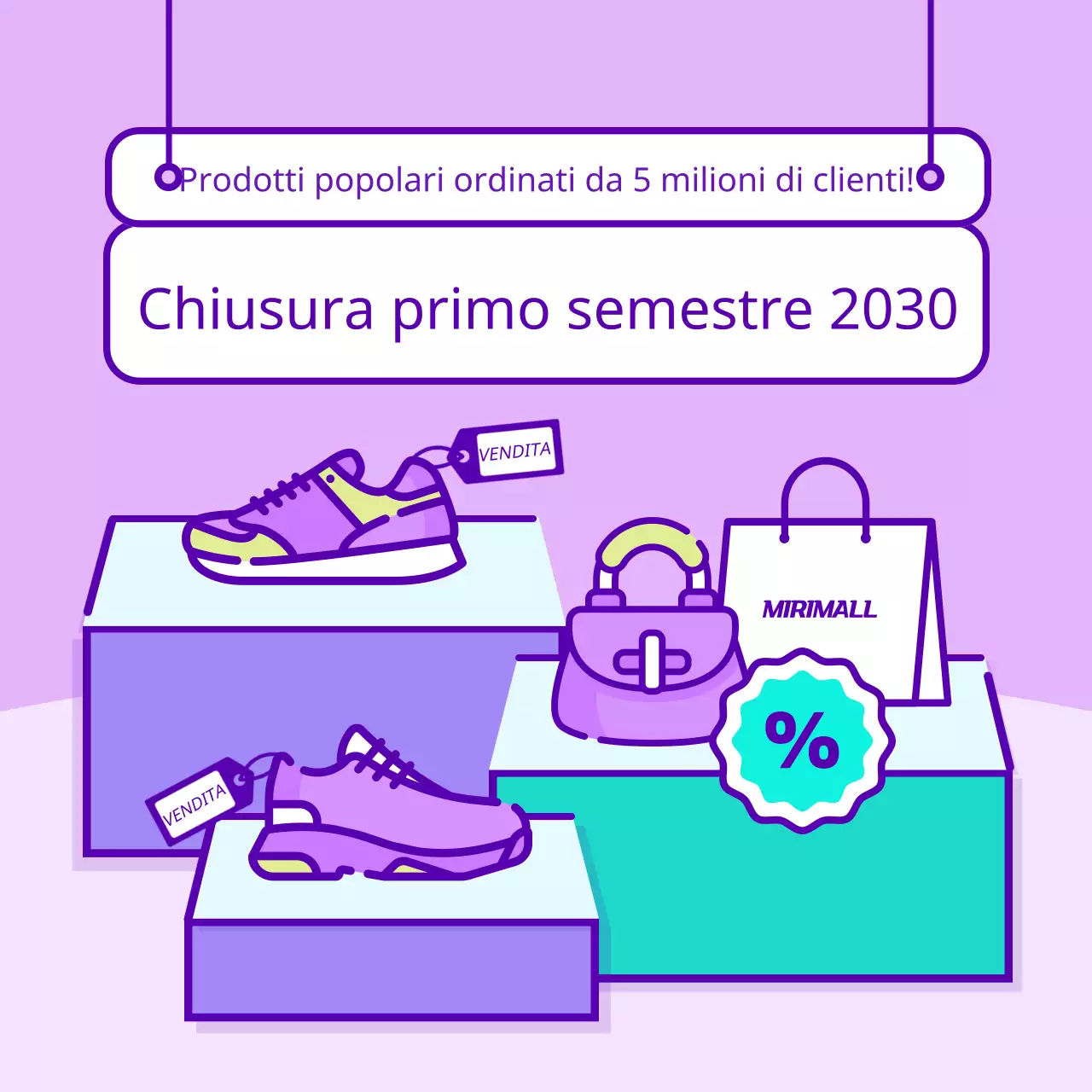 Vendita di fine primo semestre di articoli popolari con un simpatico concetto di illustrazione line art in malva