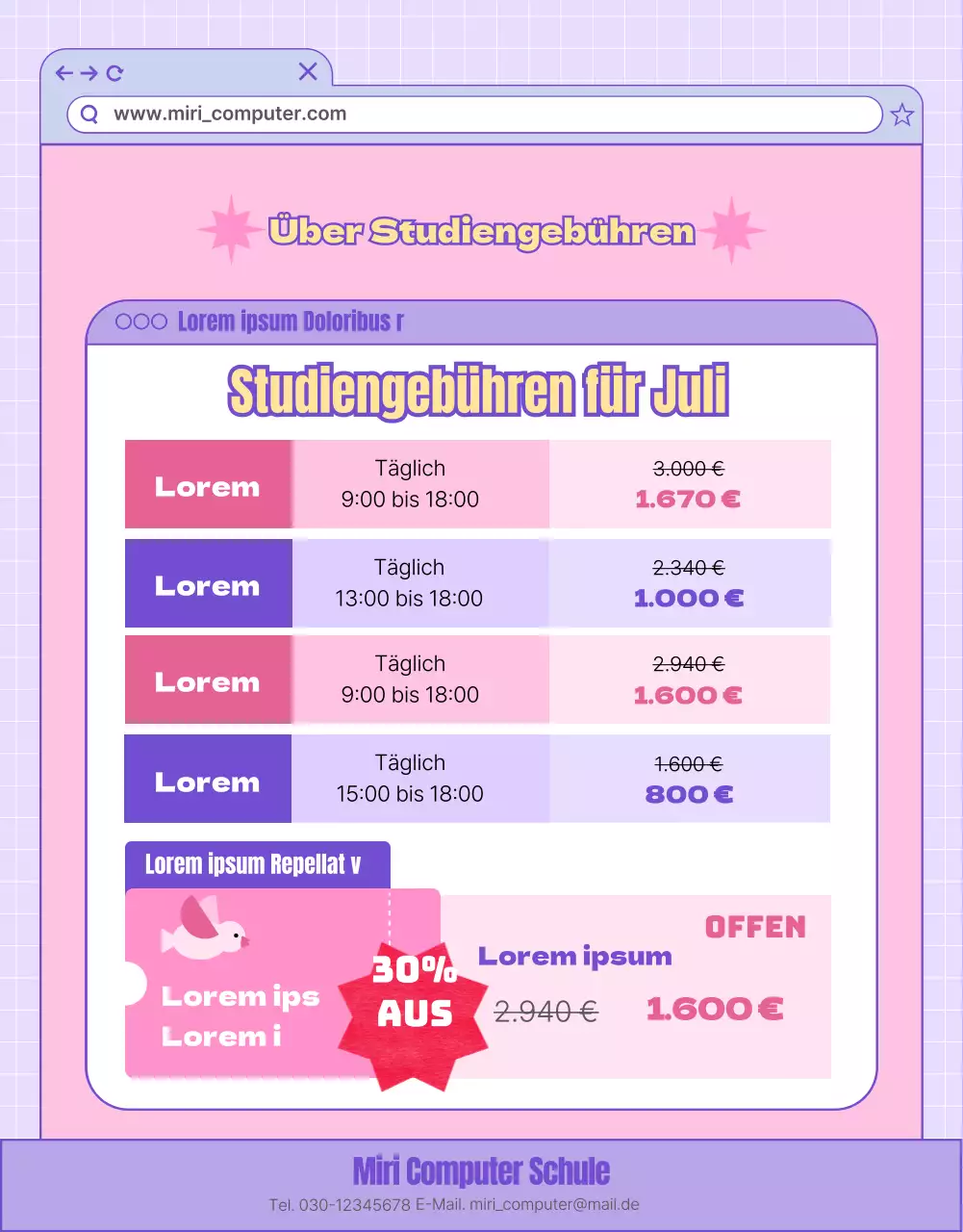 Förderung von Computerkursen mit einem rosa und lila Website-Konzept