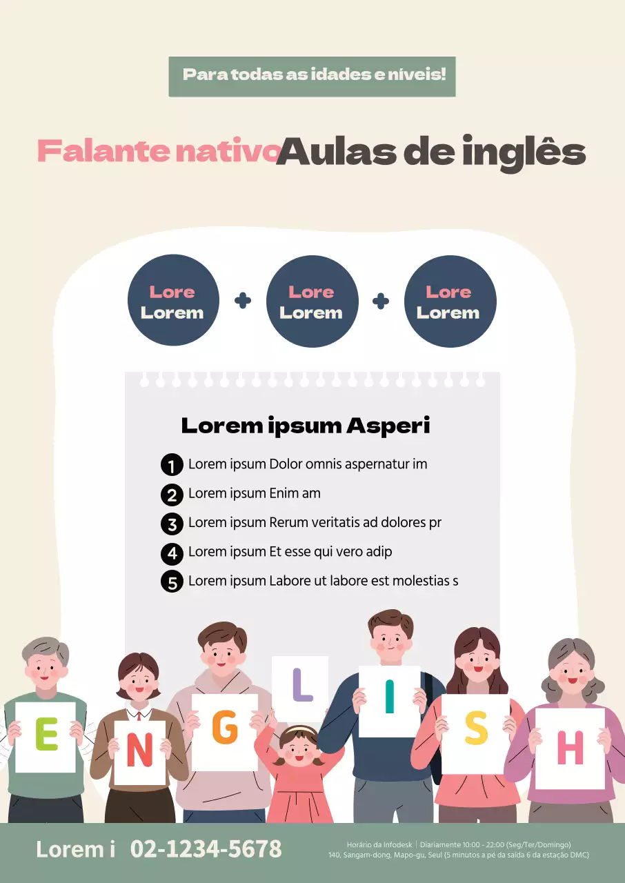 Ilustração cor-de-rosa de uma promoção de uma escola de inglês