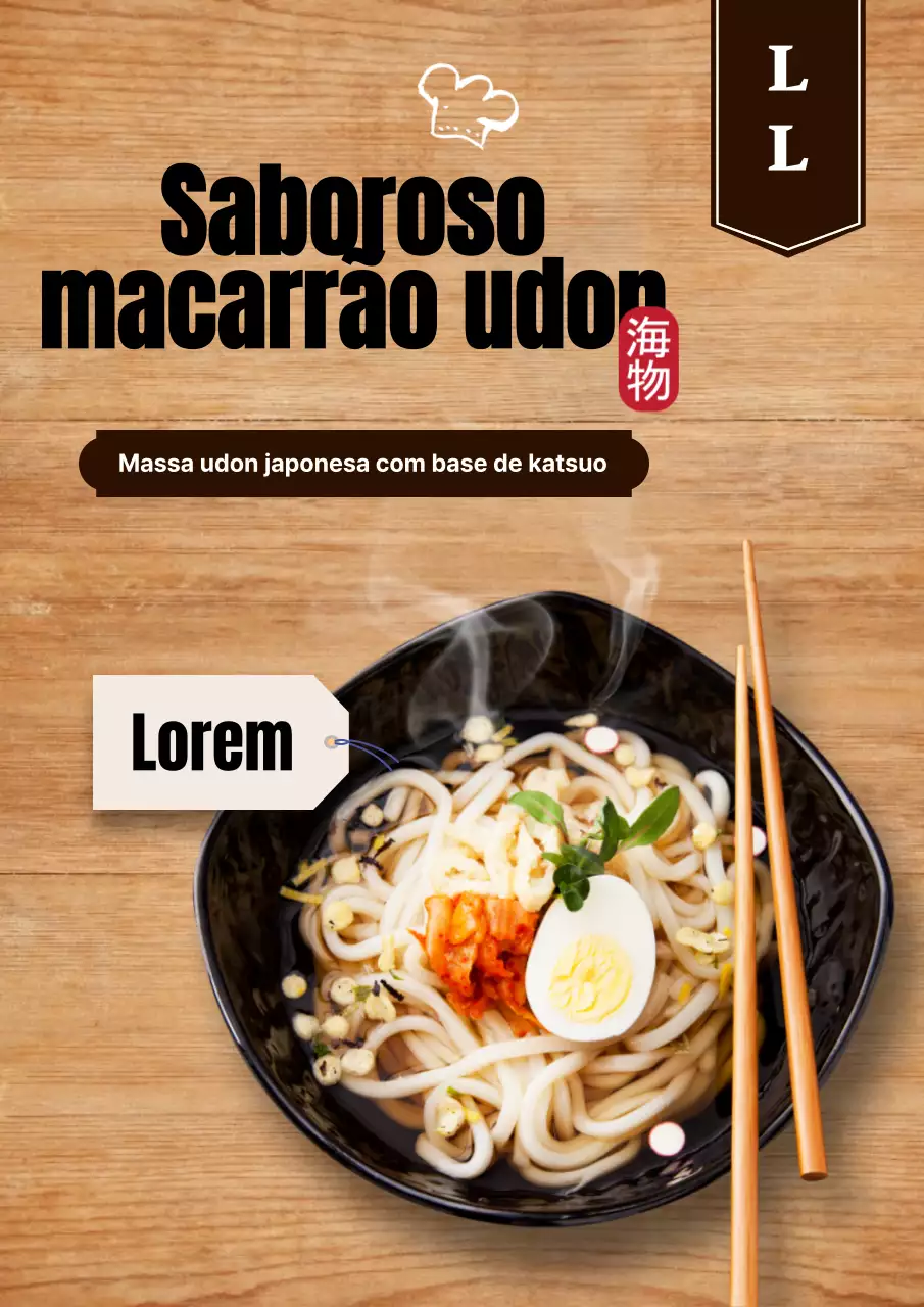 Menu de comida em tábua de madeira Macarrão udon saudável