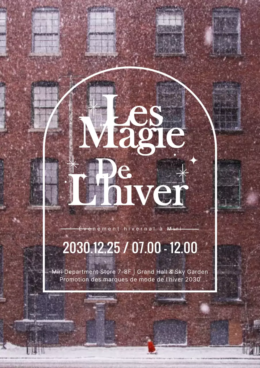 Poster vertical blanc et marron sur fond d'hiver européen enneigé