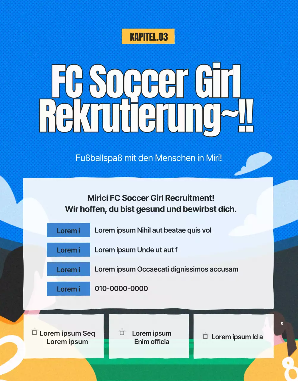 Rekrutierungsanzeige für Frauenfußball in Grün und Gelb