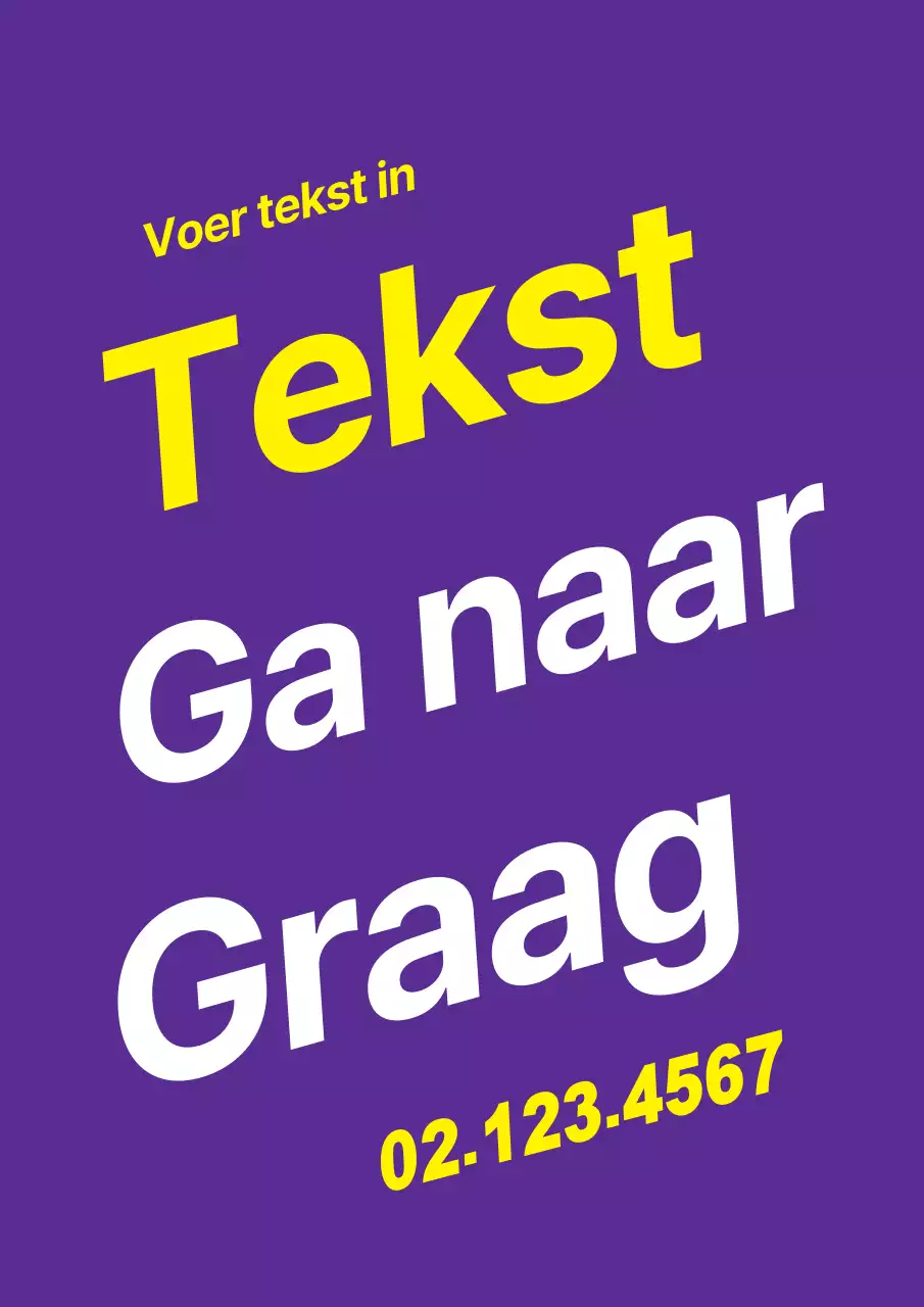 Een eenvoudig promotiestuk met paarse en gele tekst