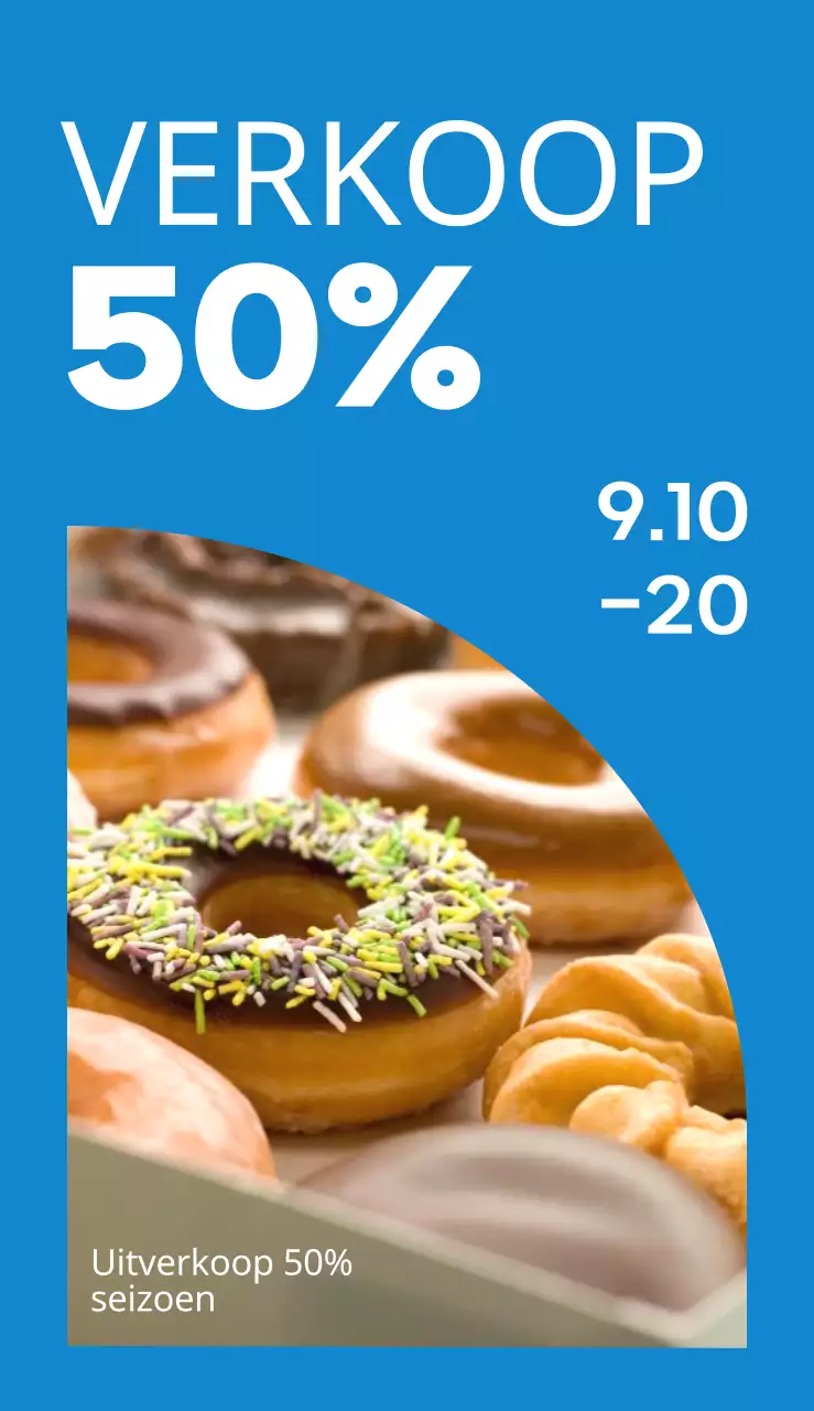 Een eenvoudig, kleurrijk billboard met tekst en foto's over een donutverkoop.