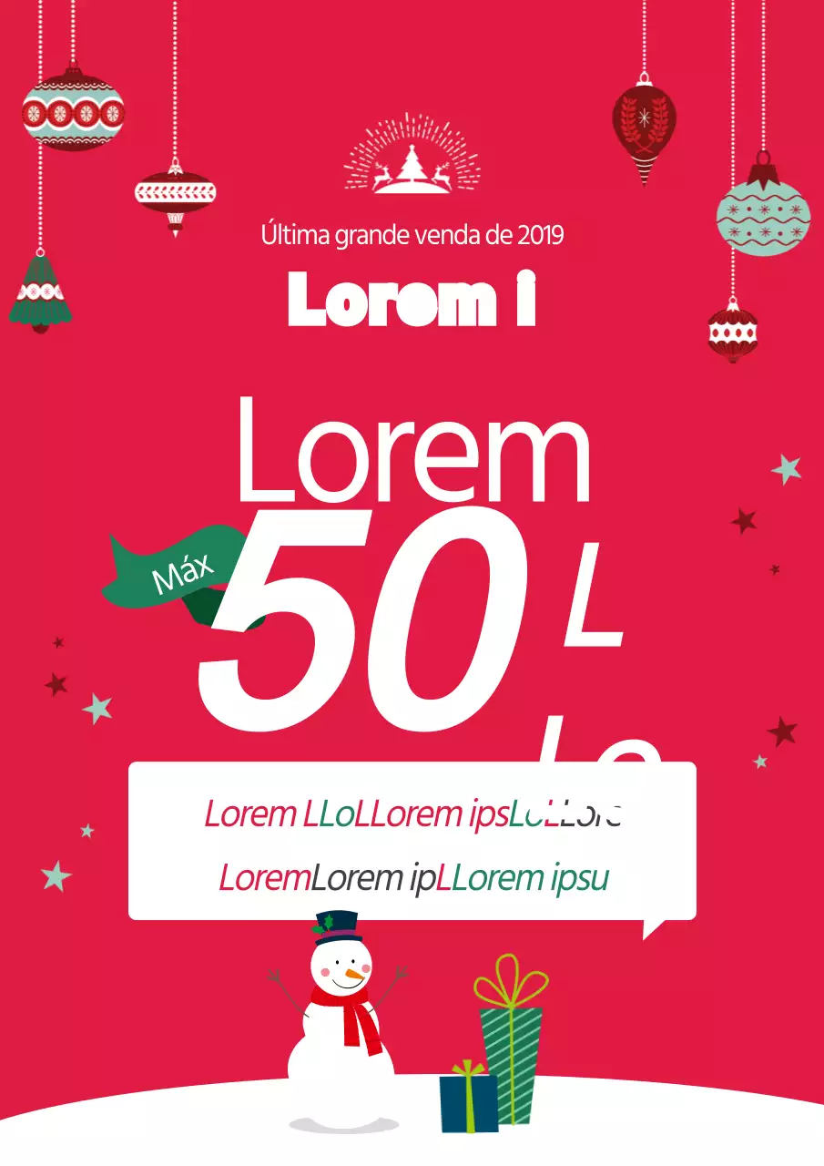 Promova uma grande venda com um boneco de neve vermelho e uma ilustração de ornamentos de árvore