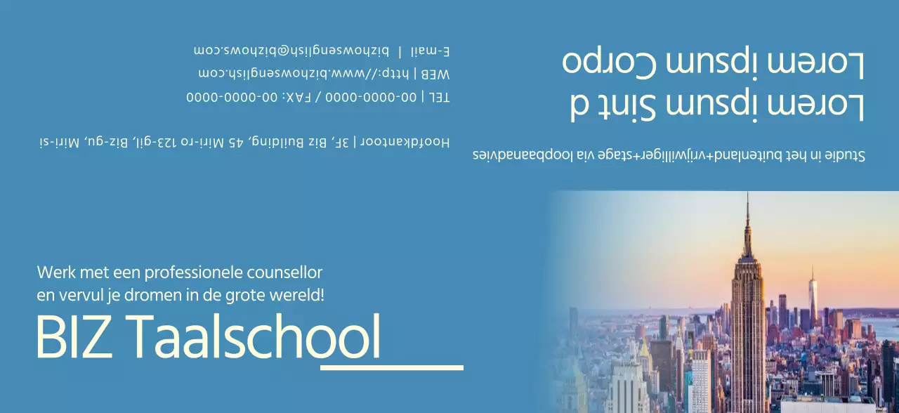 Een taalschool promoten met blauwe en gele foto's van buitenlandse landschappen