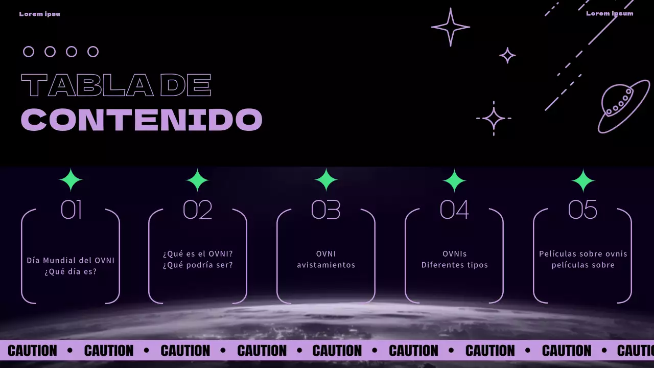 Presentación del Día Mundial del OVNI con acentos morados y verdes sobre fondo negro