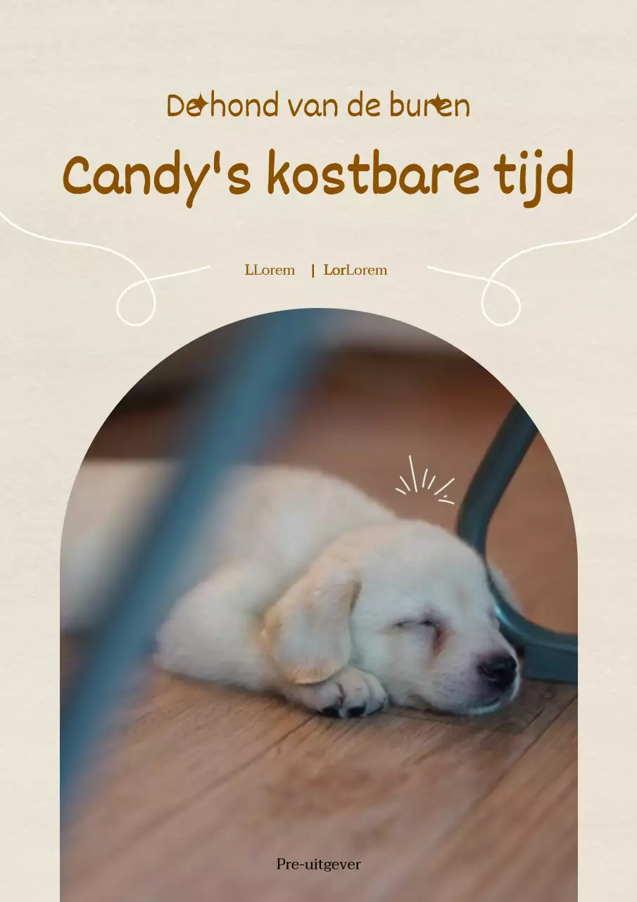 Het verhaal van een schattige puppy op een ivoorkleurige papieren achtergrond met bruine accenten