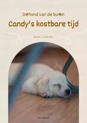 Het verhaal van een schattige puppy op een ivoorkleurige papieren achtergrond met bruine accenten