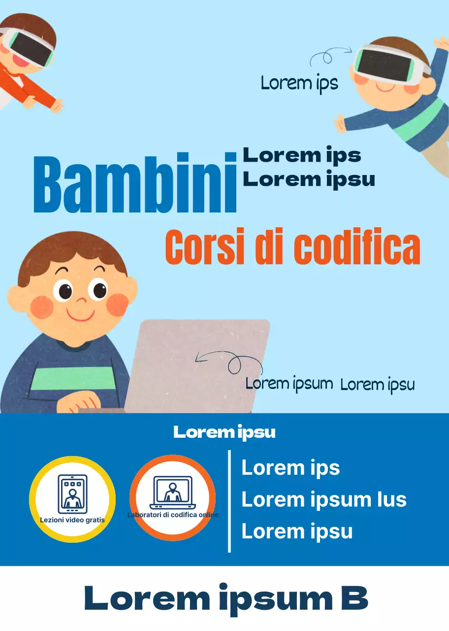 Illustrazione di un personaggio carino di colore azzurro per promuovere un corso di coding