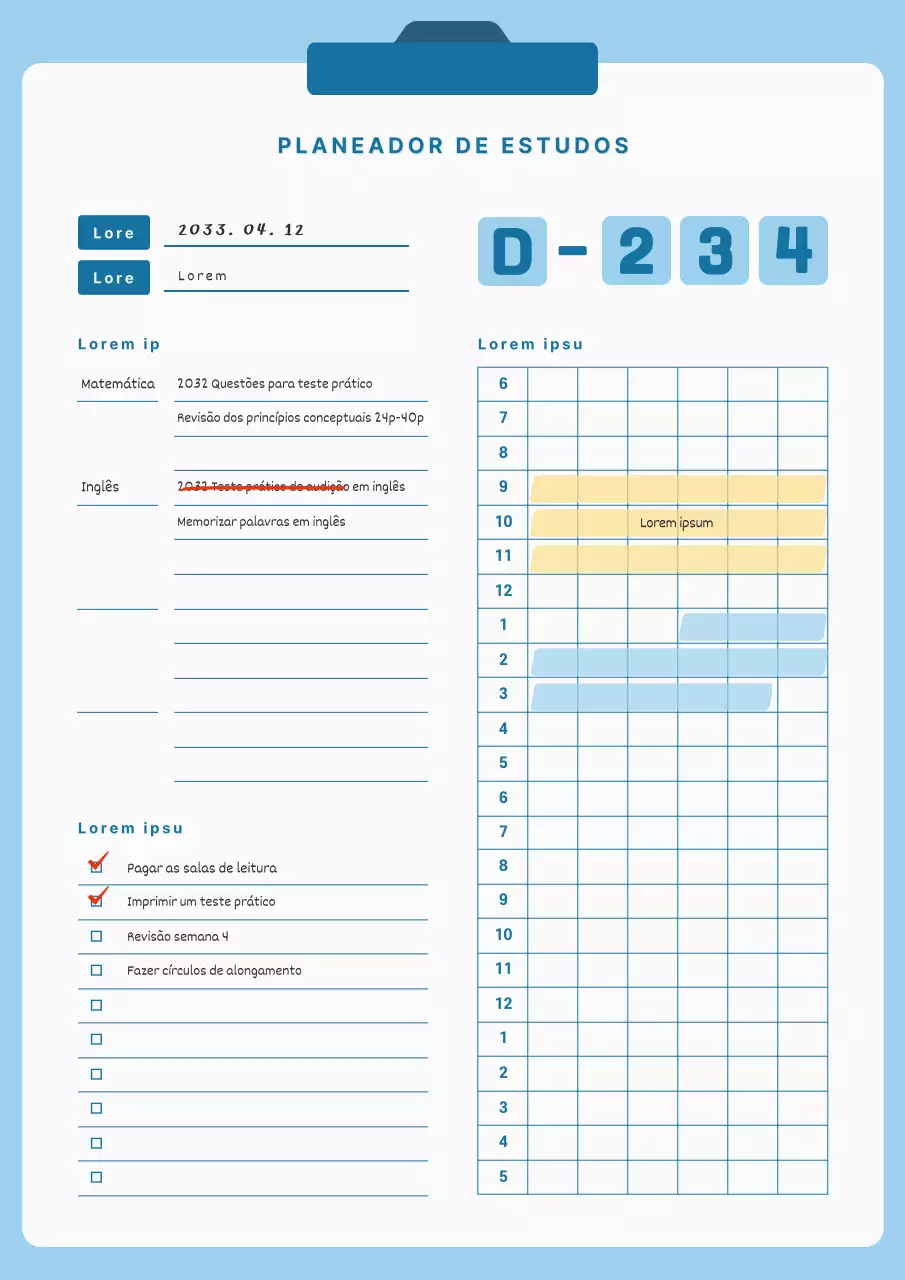 Modelo de documento de planeamento de estudo simples e limpo azul