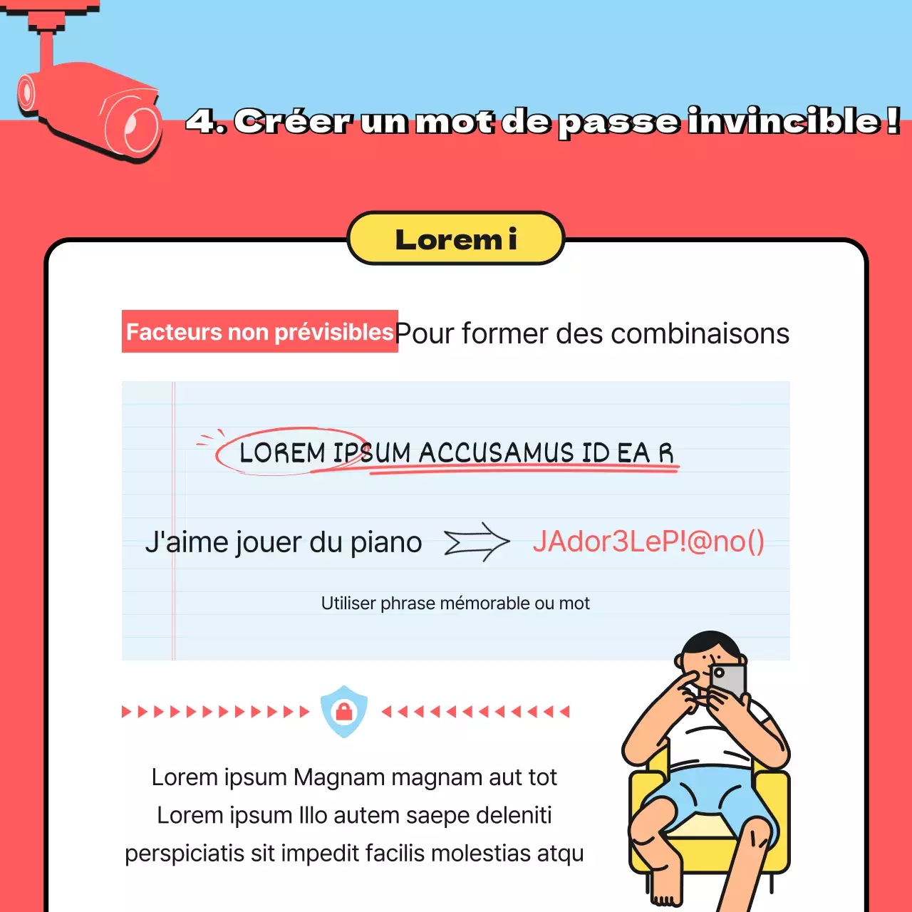 Campagne d'information sur la sécurité des mots de passe avec illustration rouge et bleu clair