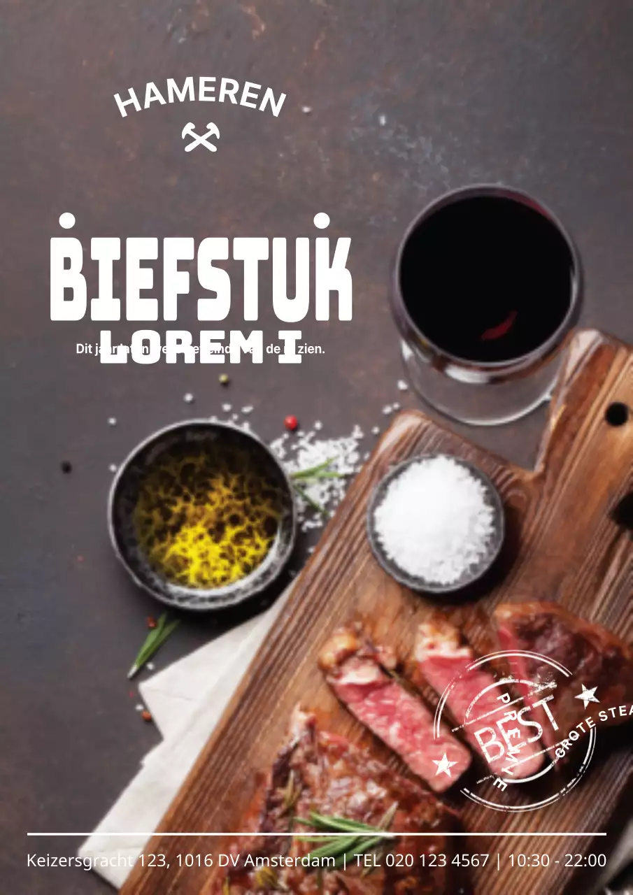 Een gruizig conceptmenu promoten met zwart-witfoto's van heerlijke steaks