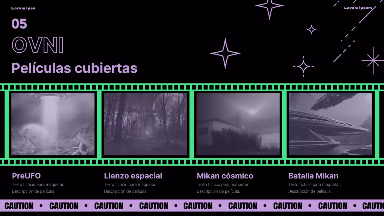 Presentación del Día Mundial del OVNI con acentos morados y verdes sobre fondo negro