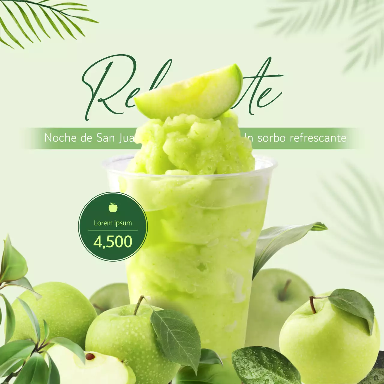 Promocionar el granizado de manzana con un concepto fresco y tropical centrado en una imagen verde lima.