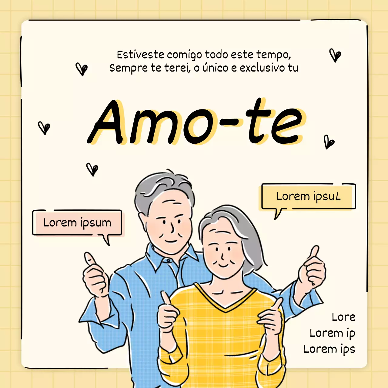 Texto do Dia do Casal com ilustração de linha amarela